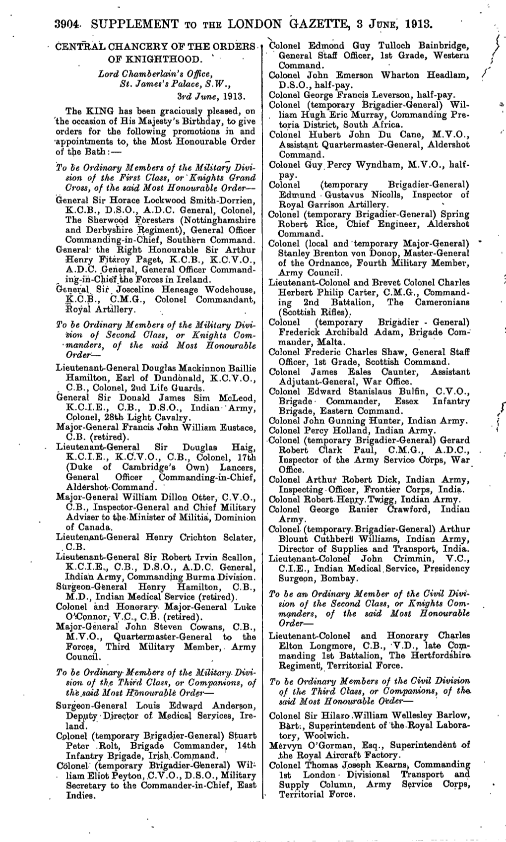 3904. Supplement to the London Gazette, 3 June, 1913