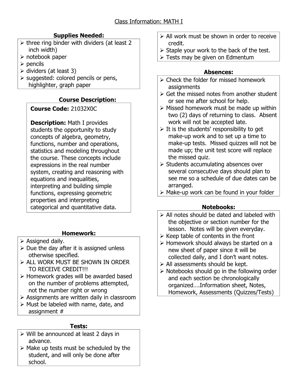 Class Information: Advanced Functions & Modeling