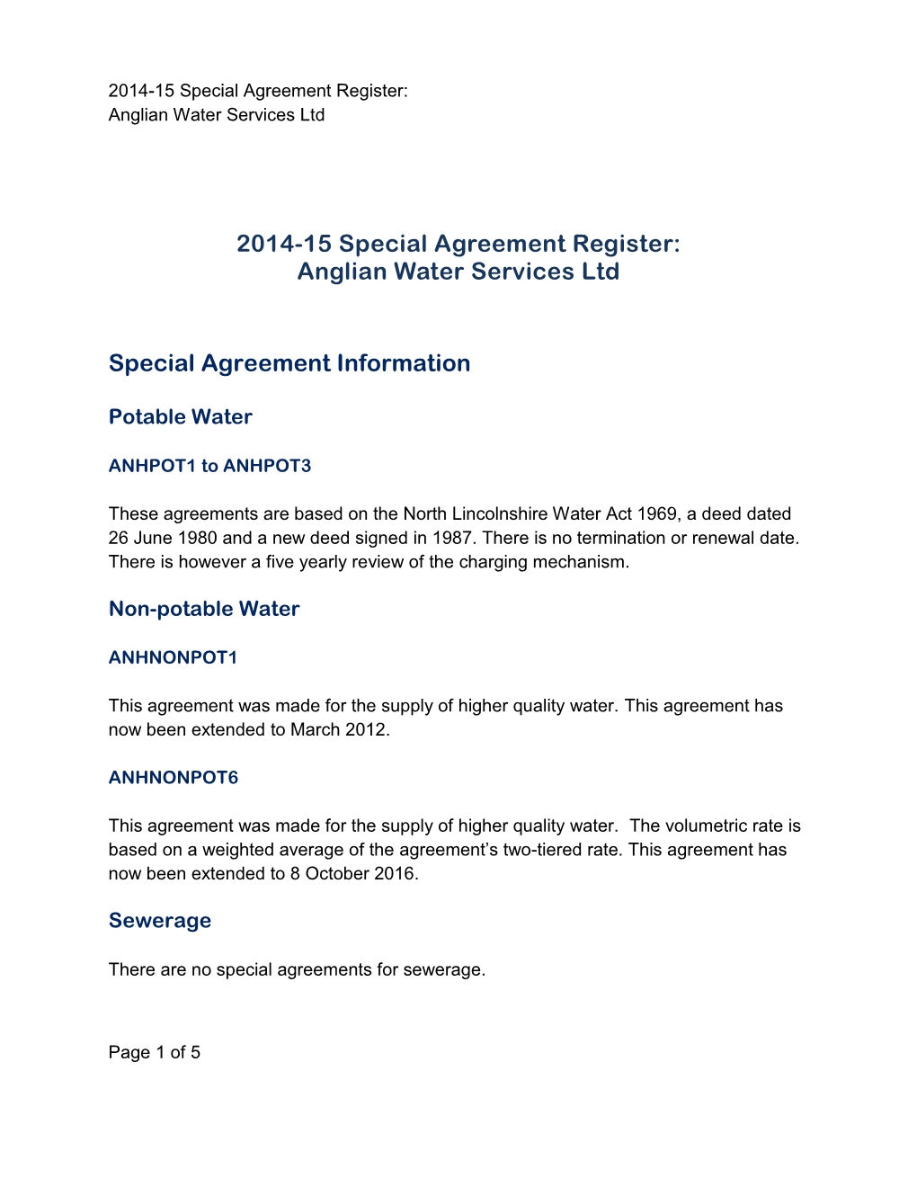 2014-15 Special Agreement Register: Anglian Water Services Ltd Special Agreement Information