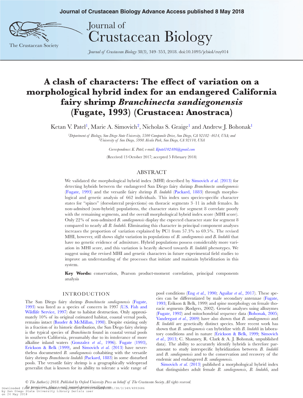 Crustacean Biology Advance Access Published 8 May 2018 Journal of Crustacean Biology the Crustacean Society Journal of Crustacean Biology 38(3), 349–353, 2018