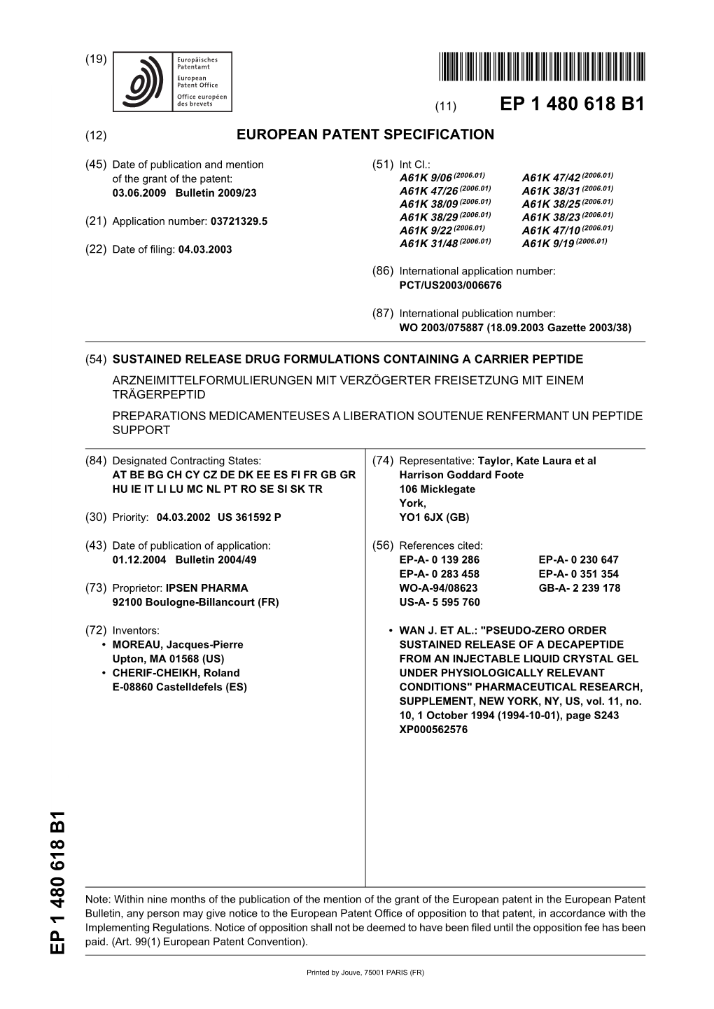 Sustained Release Drug Formulations Containing a Carrier Peptide