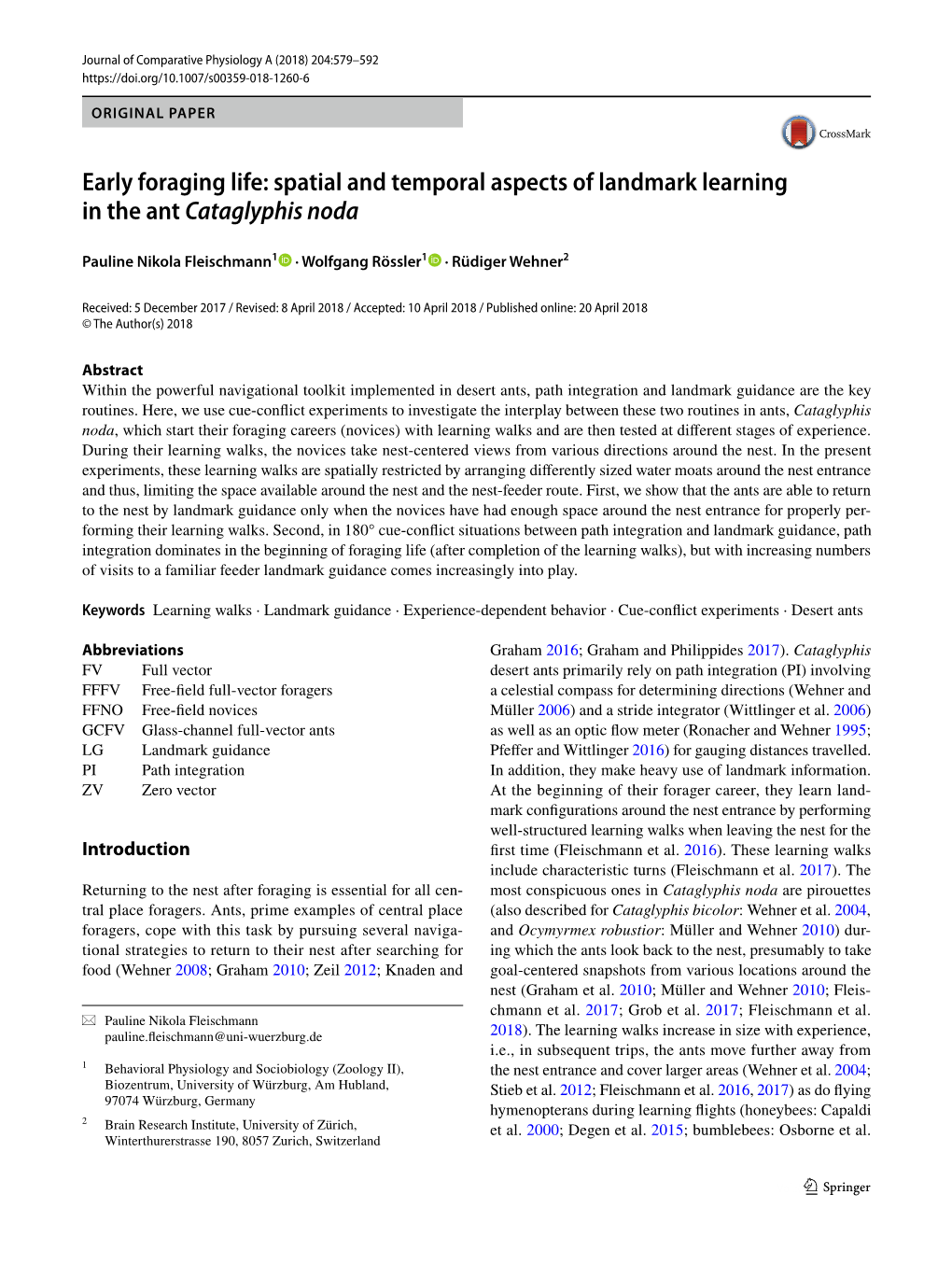 Early Foraging Life: Spatial and Temporal Aspects of Landmark Learning in the Ant Cataglyphis Noda