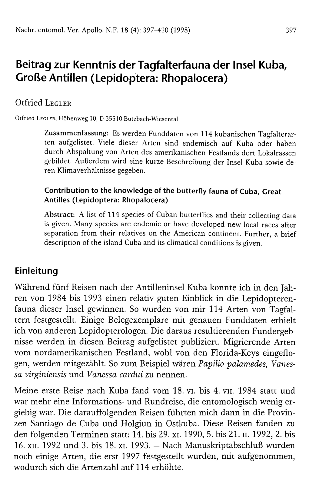 Beitrag Zur Kenntnis Der Tagfalterfauna Der Insel Kuba, Große Antillen (Lepidoptera: Rhopalocera)