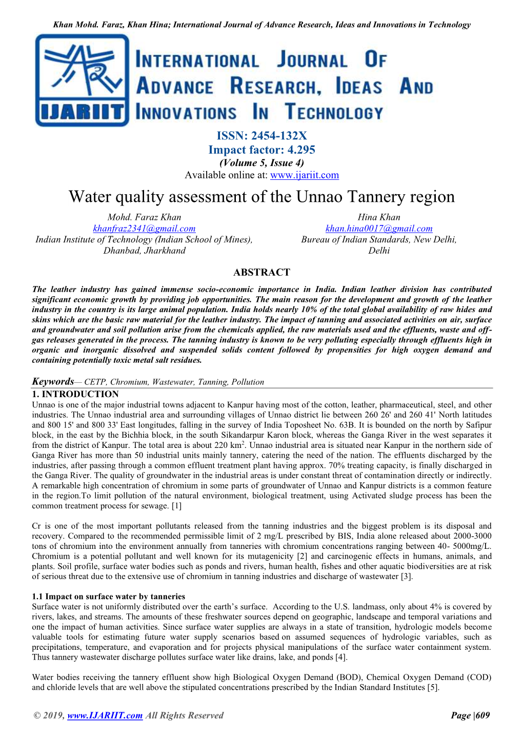 Water Quality Assessment of the Unnao Tannery Region Mohd