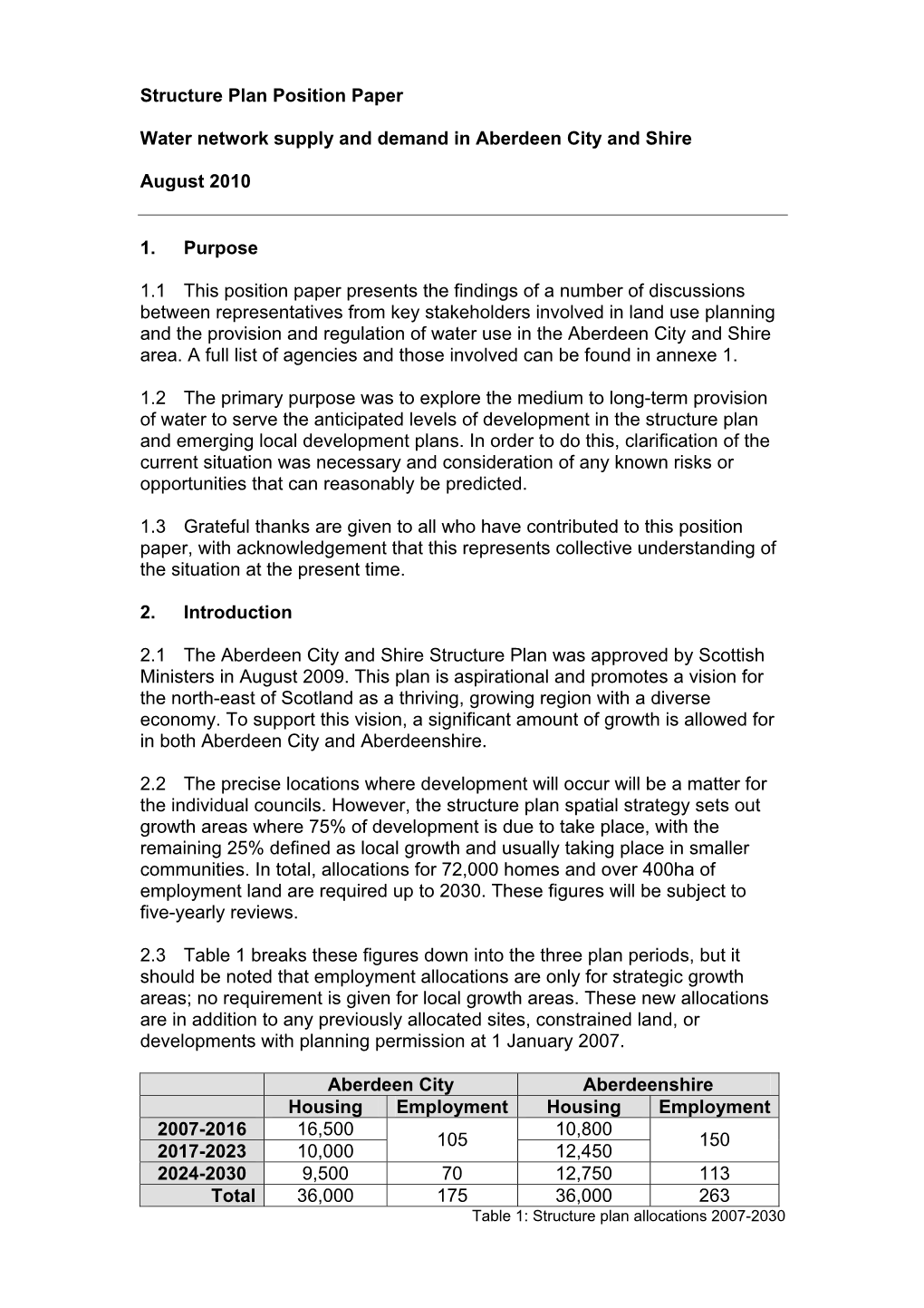 Structure Plan Position Paper Water Network Supply and Demand in Aberdeen City and Shire August 2010 1. Purpose 1.1 This Positio