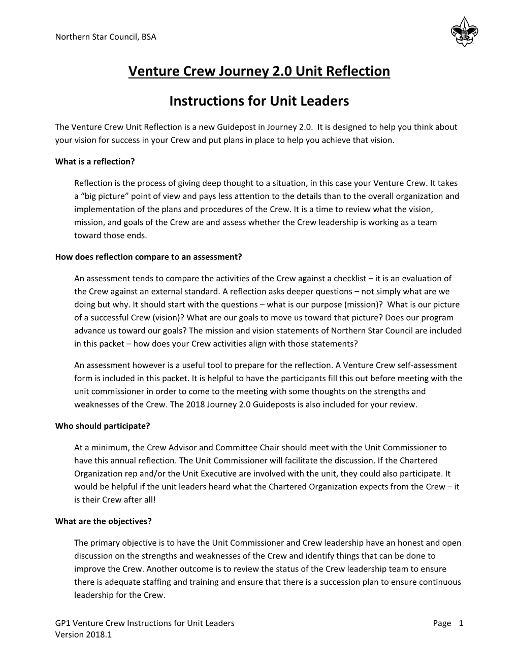 Venture Crew Journey 2.0 Unit Reflection Instructions for Unit Leaders