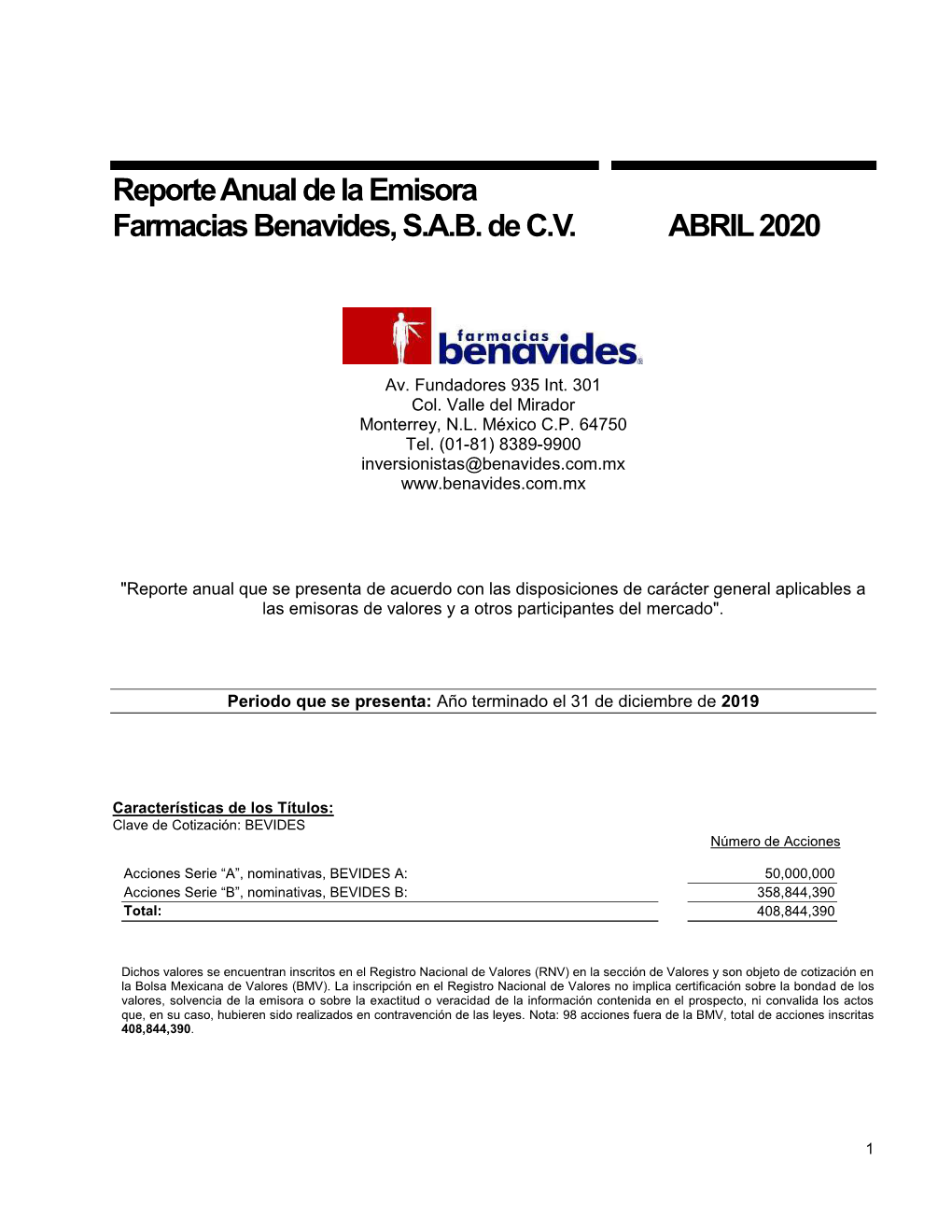 Reporte Anual De La Emisora Farmacias Benavides, S.A.B. De C.V