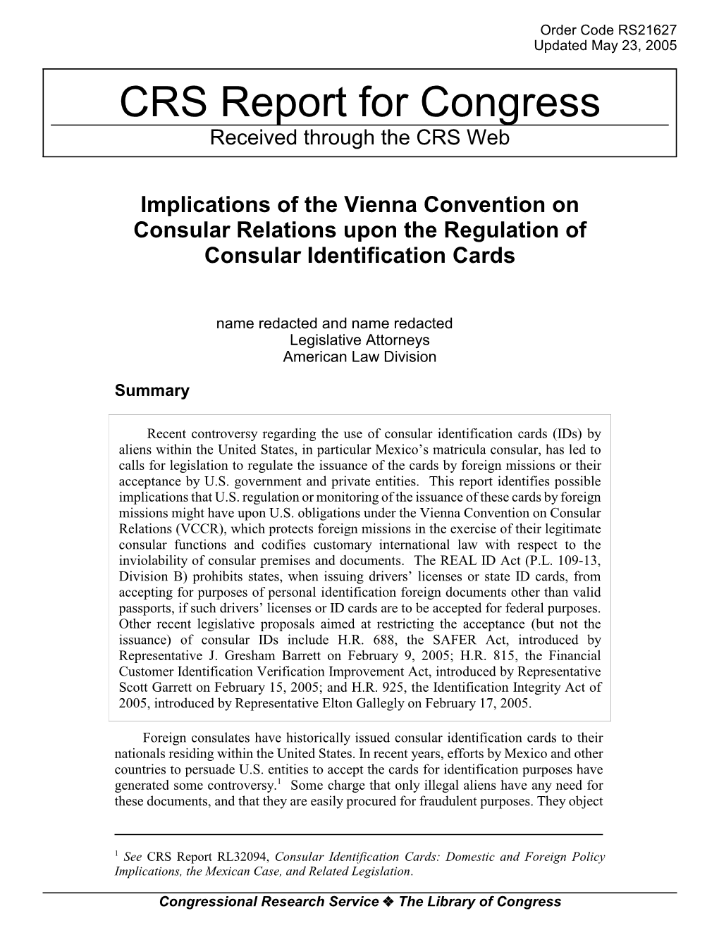 Implications of the Vienna Convention on Consular Relations Upon the Regulation of Consular Identification Cards