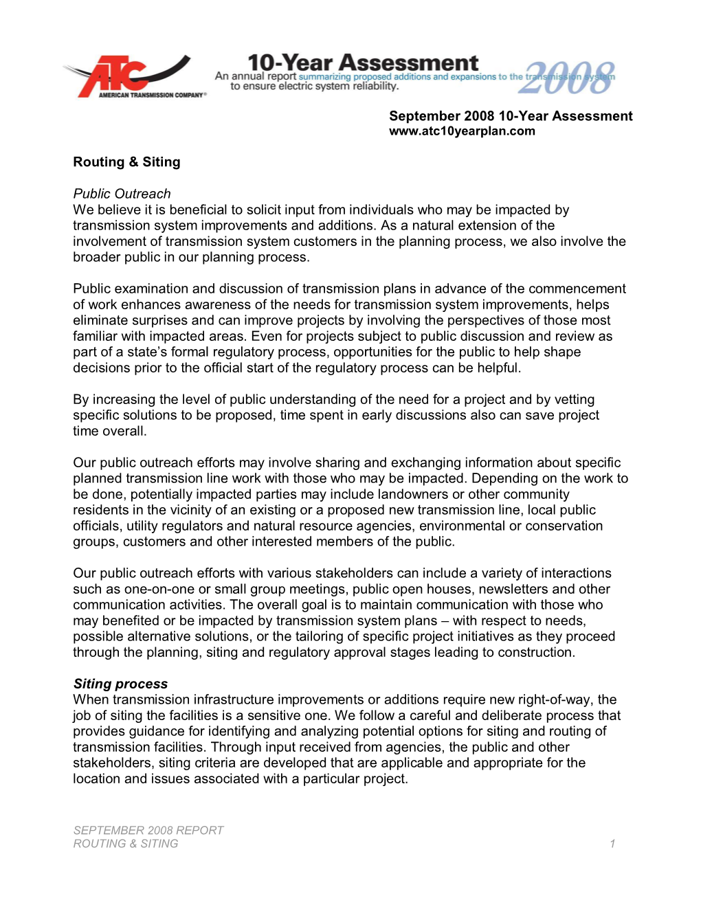 September 2008 10Year Assessment Routing & Siting Public Outreach