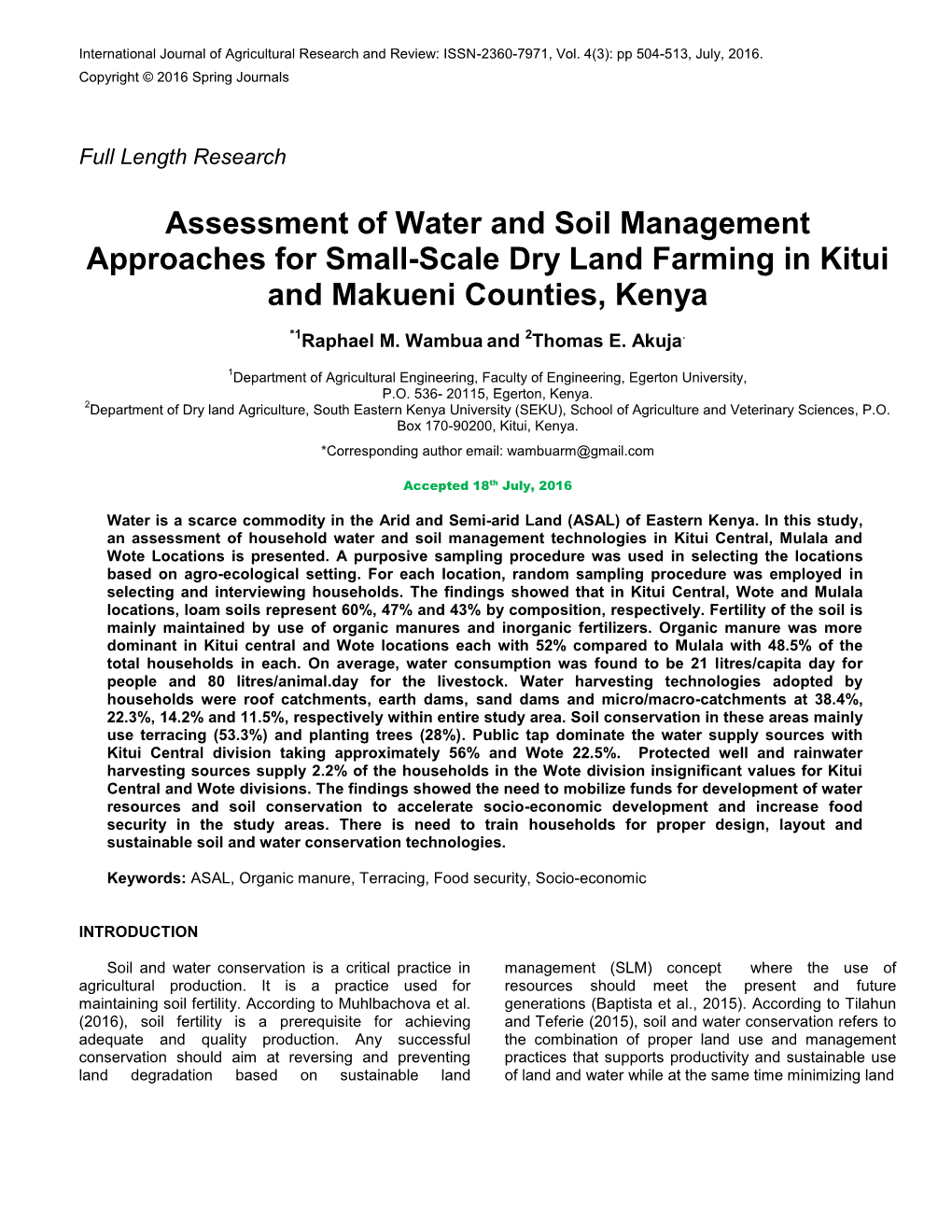 Assessment of Water and Soil Management Approaches for Small-Scale Dry Land Farming in Kitui and Makueni Counties, Kenya