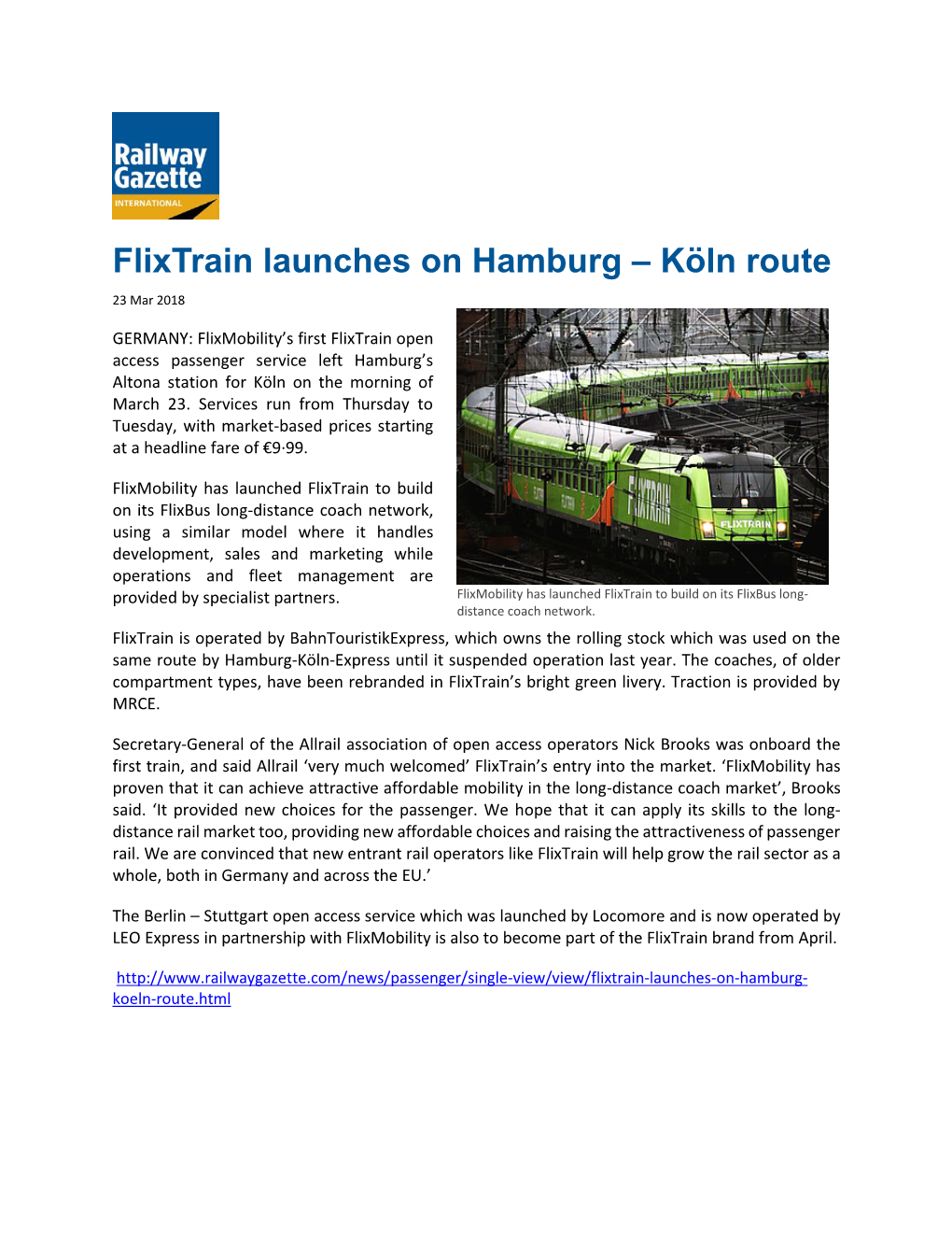 Flixtrain Launches on Hamburg – Köln Route 23 Mar 2018