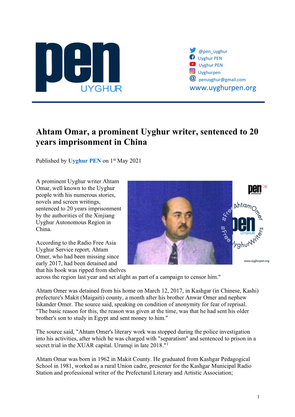Ahtam Omar, a Prominent Uyghur Writer, Sentenced to 20 Years Imprisonment in China