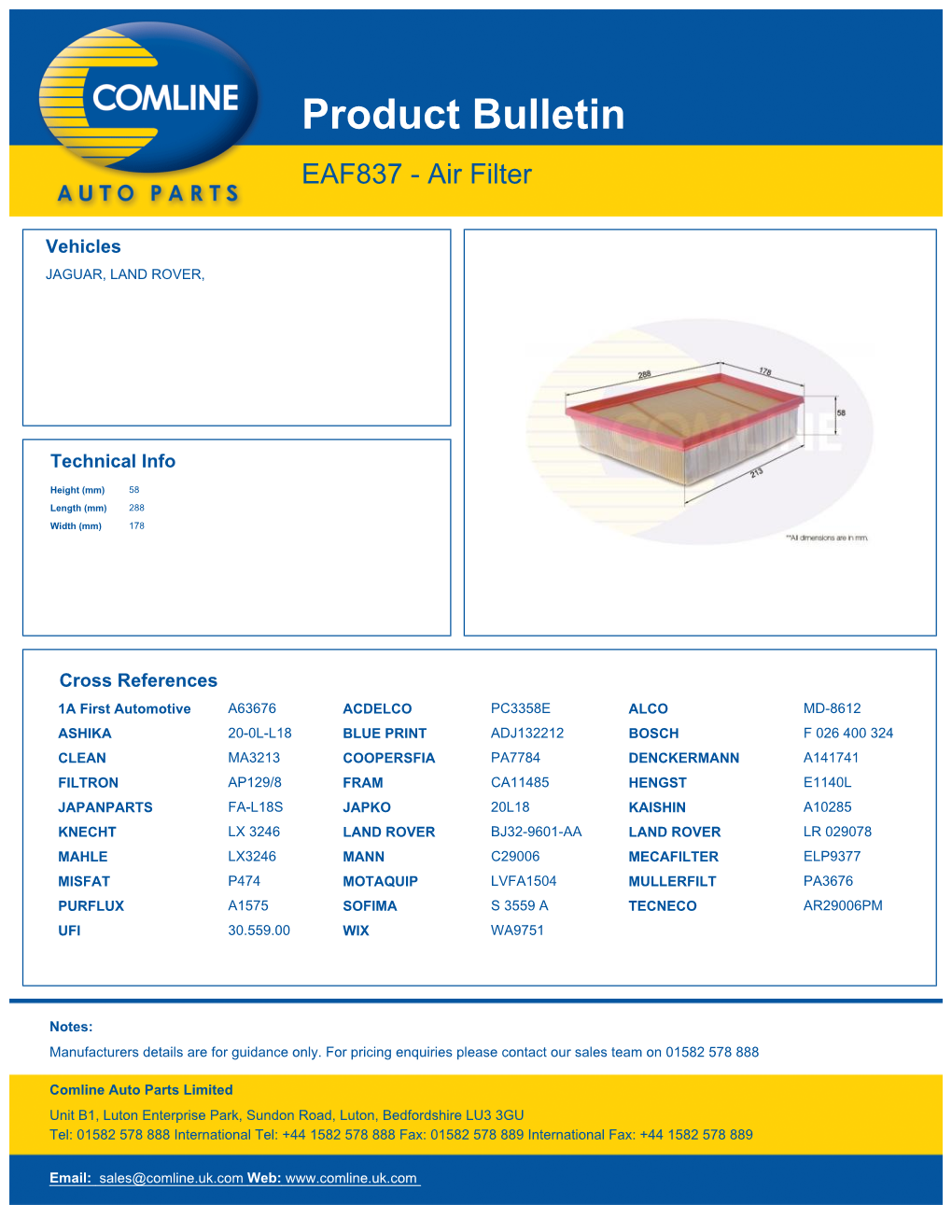 Product Bulletin EAF837 - Air Filter