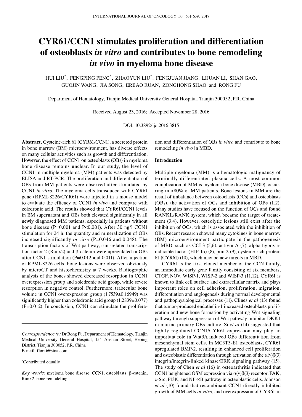 CYR61/CCN1 Stimulates Proliferation and Differentiation of Osteoblasts in Vitro and Contributes to Bone Remodeling in Vivo in Myeloma Bone Disease