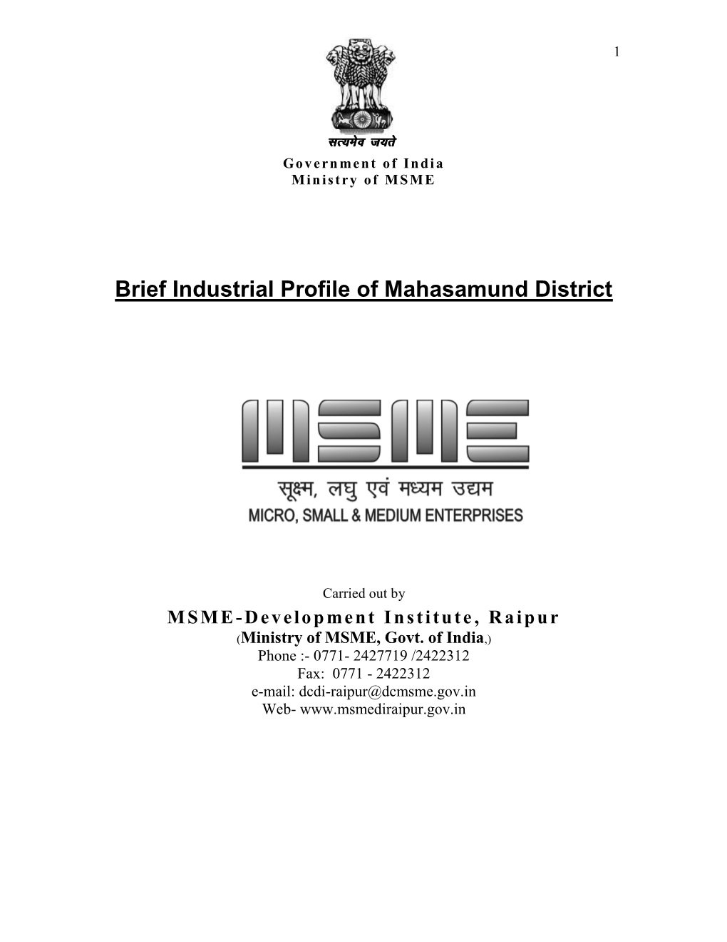 Brief Industrial Profile of Mahasamund District