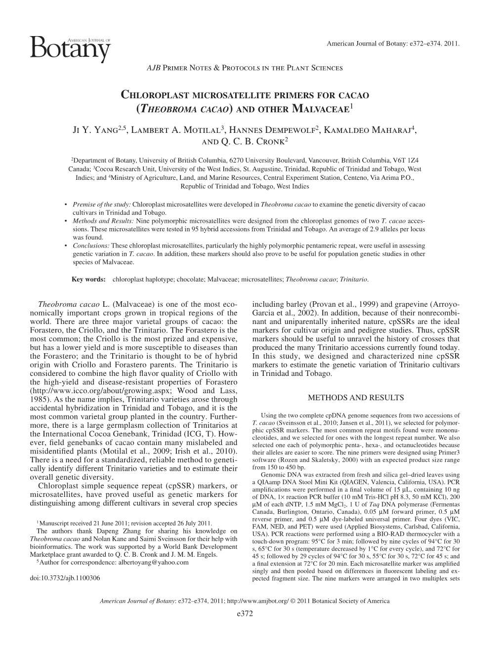 Chloroplast Microsatellite Primers for Cacao