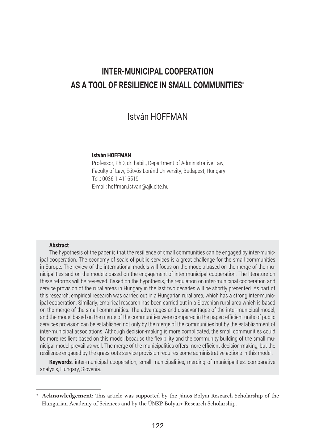 Inter-Municipal Cooperation As a Tool of Resilience in Small Communities*1