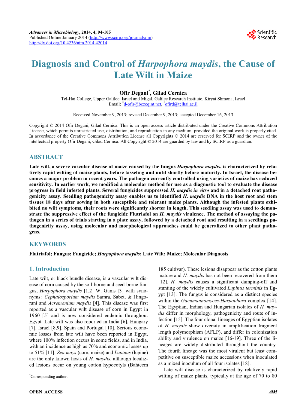 Diagnosis and Control of Harpophora Maydis, the Cause of Late Wilt in Maize