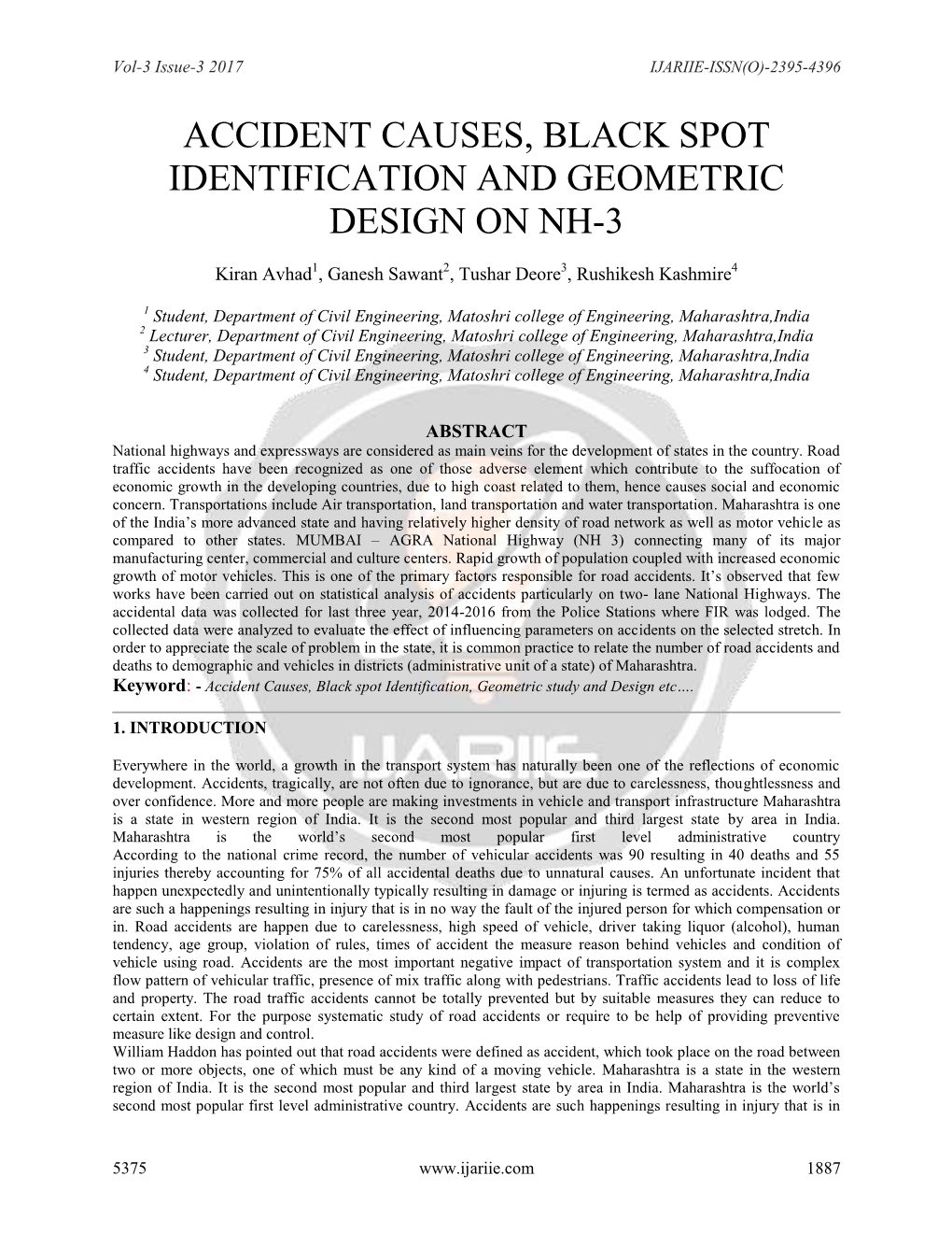 Accident Causes, Black Spot Identification and Geometric Design on Nh-3