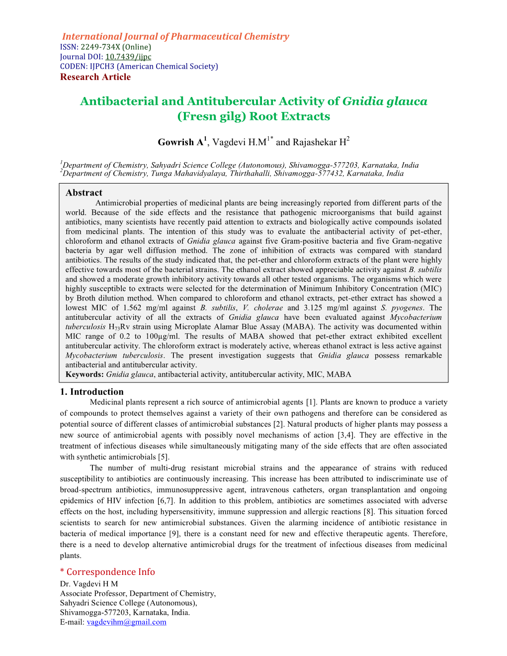 Antibacterial and Antitubercular Activity of Gnidia Glauca (Fresn Gilg) Root Extracts