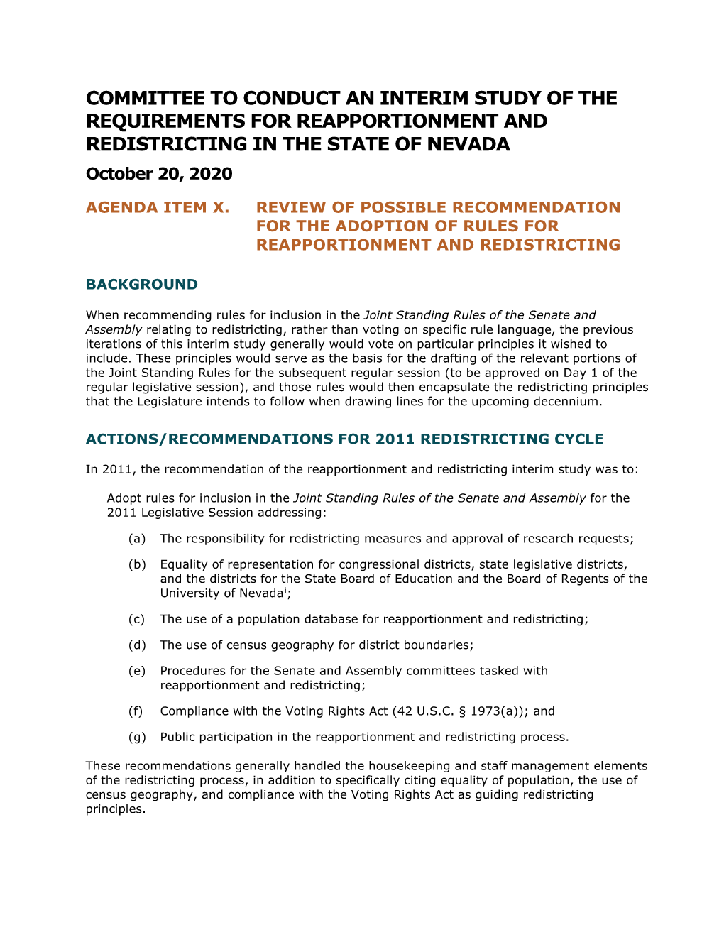 Possible Recommendation for the Adoption of Rules for Reapportionment and Redistricting