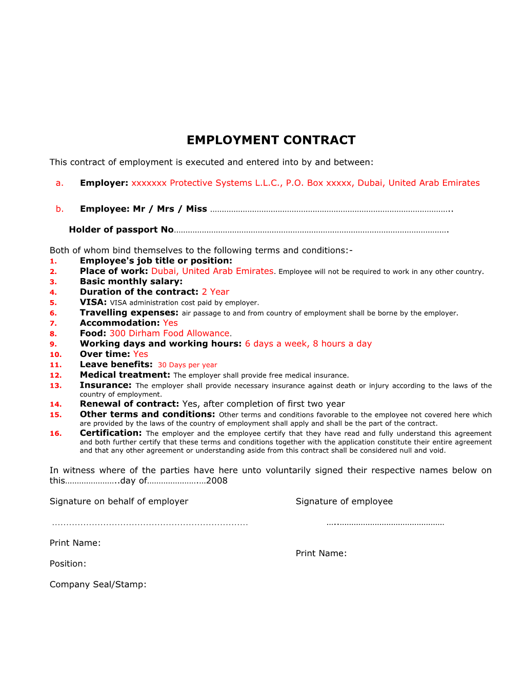 Sample of Employment Contract