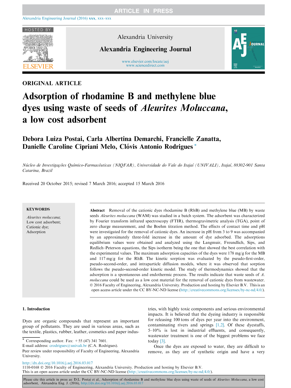 Adsorption of Rhodamine B and Methylene Blue Dyes Using Waste of Seeds of Aleurites Moluccana, a Low Cost Adsorbent