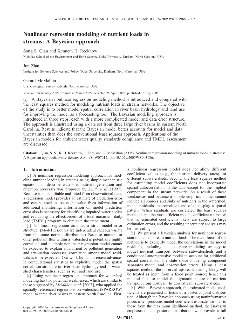 Nonlinear Regression Modeling of Nutrient Loads in Streams: a Bayesian Approach Song S