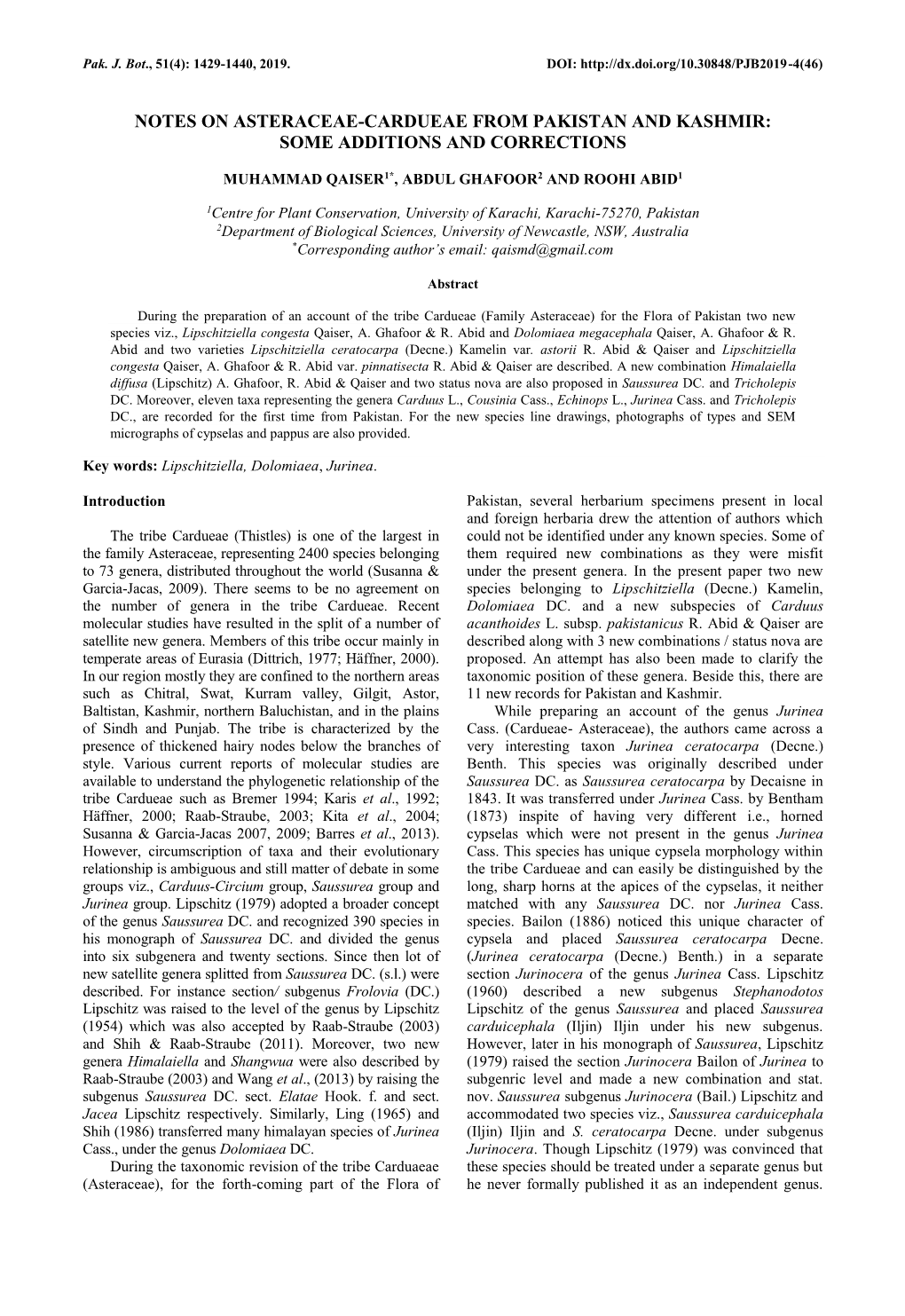 Notes on Asteraceae-Cardueae from Pakistan and Kashmir: Some Additions and Corrections