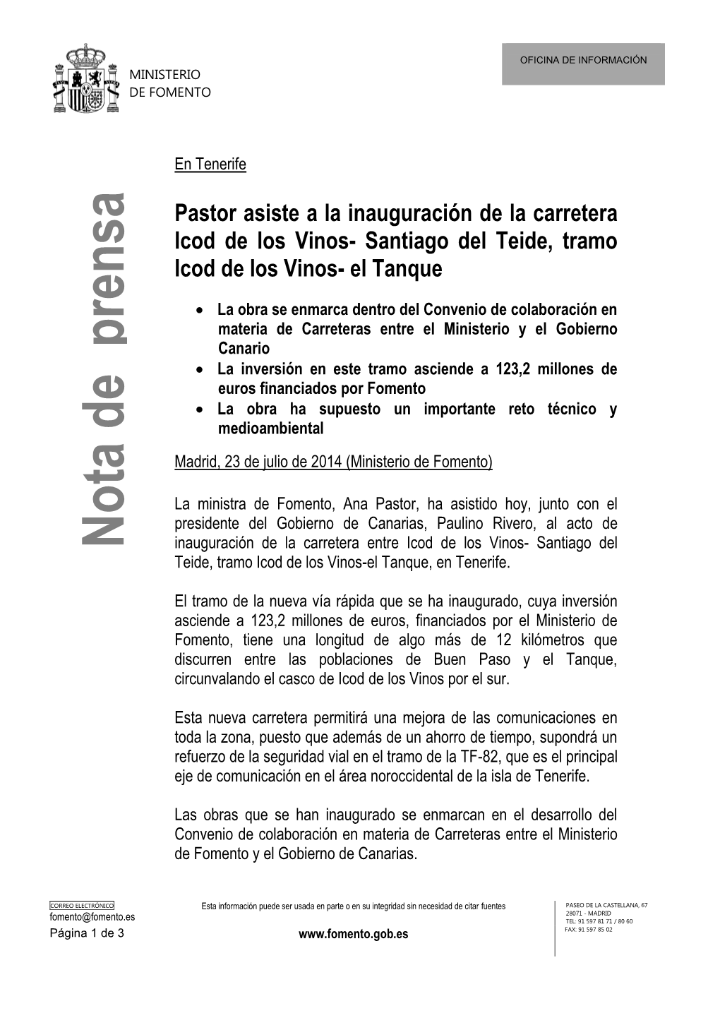Pastor Asiste a La Inauguración De La Carretera Icod De Los Vinos- Santiago Del Teide, Tramo Icod De Los Vinos- El Tanque