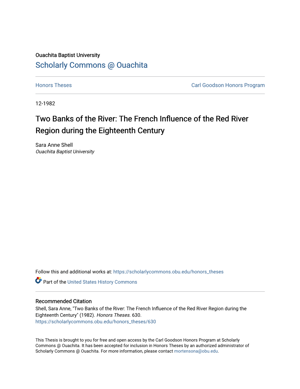 Two Banks of the River: the French Influence of the Red River Region During the Eighteenth Century