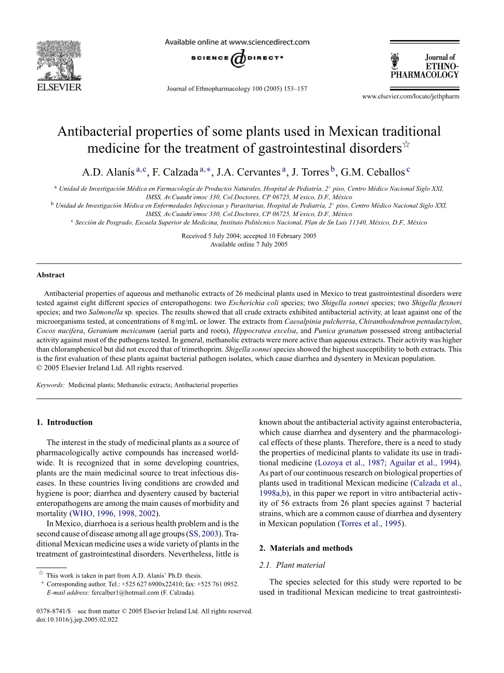 Antibacterial Properties of Some Plants Used in Mexican Traditional Medicine for the Treatment of Gastrointestinal Disordersଝ