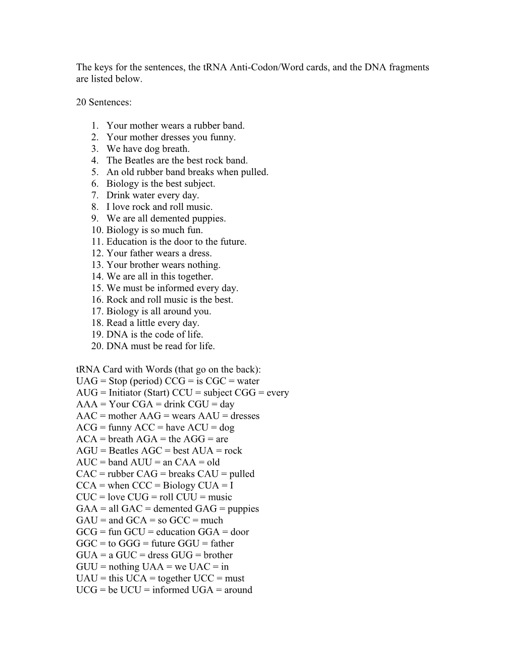 The Keys for the Sentences, the Trna Anti-Codon/Word Cards, and the DNA Fragments Are Listed