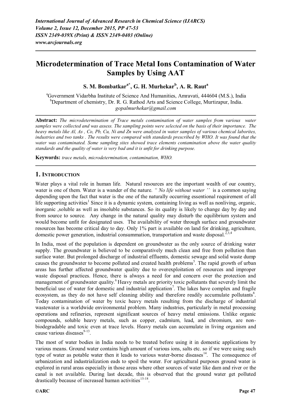 Microdetermination of Trace Metal Ions Contamination of Water Samples by Using AAT