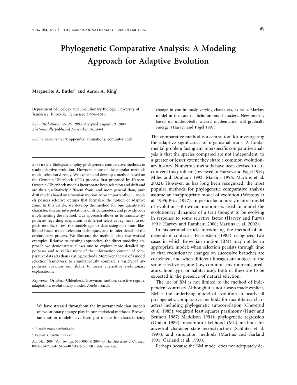 Phylogenetic Comparative Analysis: a Modeling Approach for Adaptive Evolution