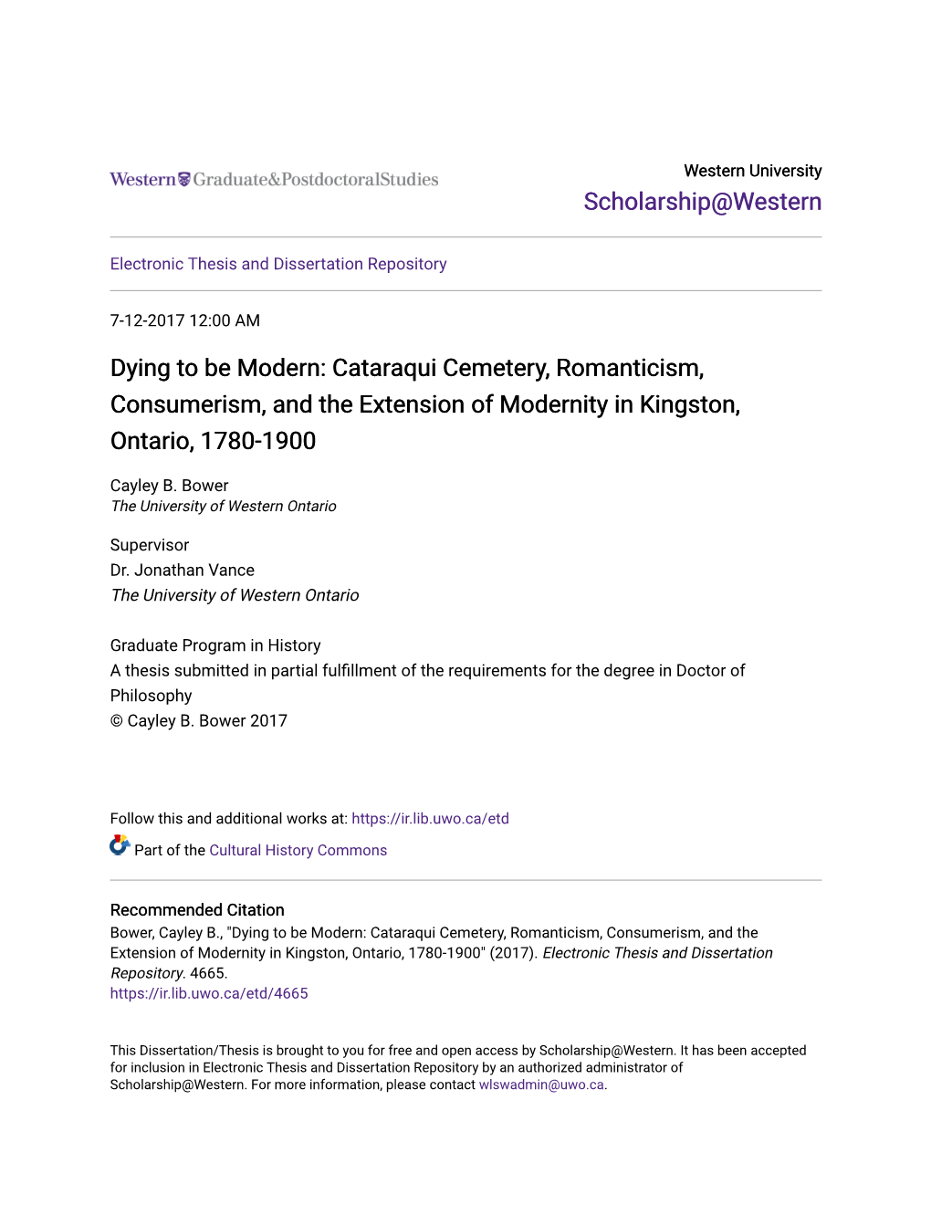 Cataraqui Cemetery, Romanticism, Consumerism, and the Extension of Modernity in Kingston, Ontario, 1780-1900