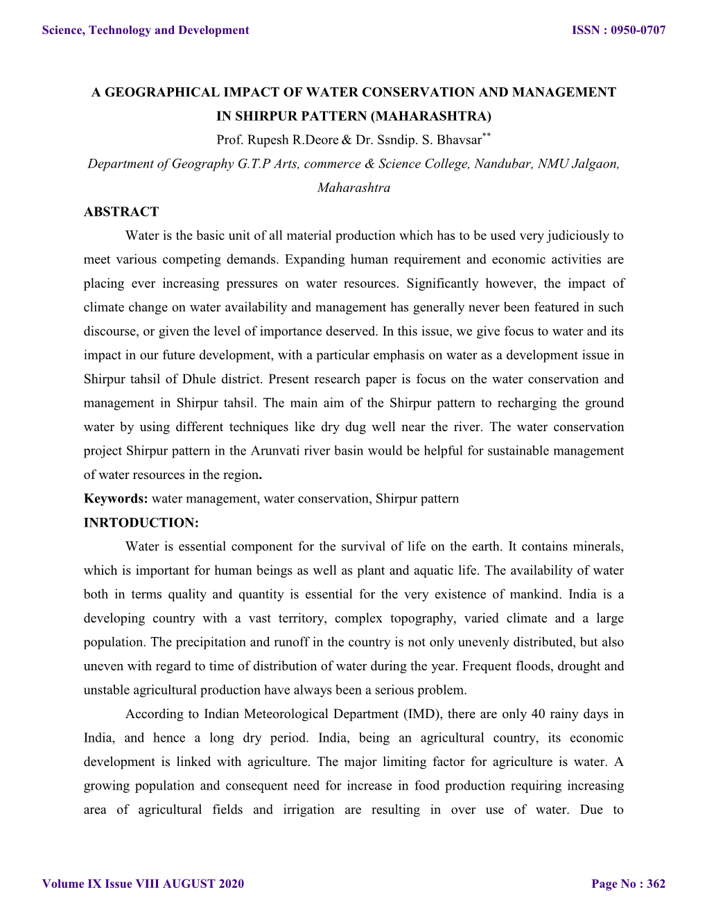 A GEOGRAPHICAL IMPACT of WATER CONSERVATION and MANAGEMENT in SHIRPUR PATTERN (MAHARASHTRA) Prof