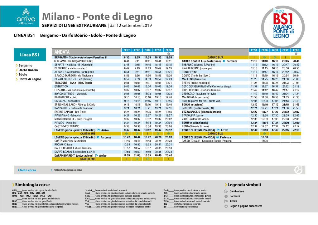 Milano - Ponte Di Legno SERVIZI DI LINEE EXTRAURBANE | Dal 12 Settembre 2019