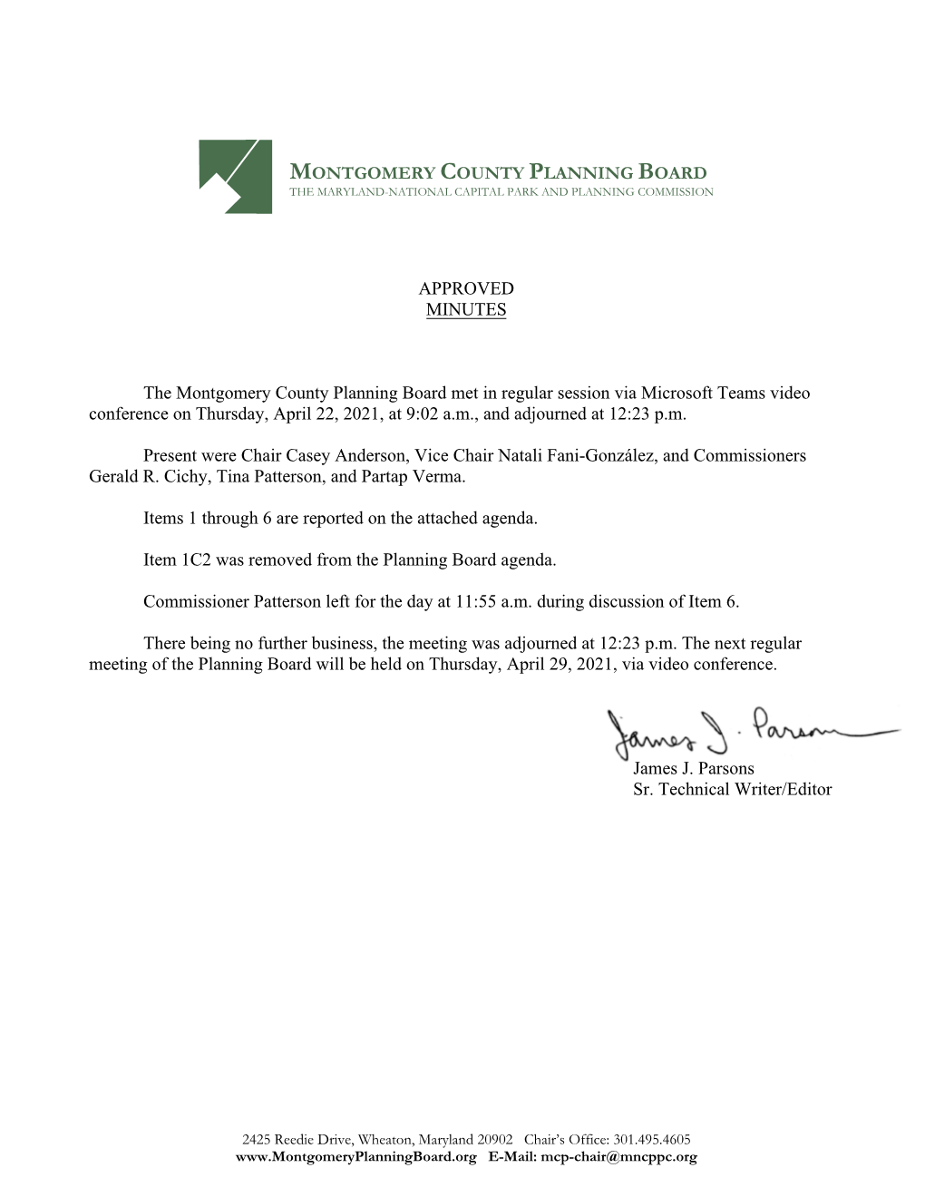 APPROVED MINUTES the Montgomery County Planning