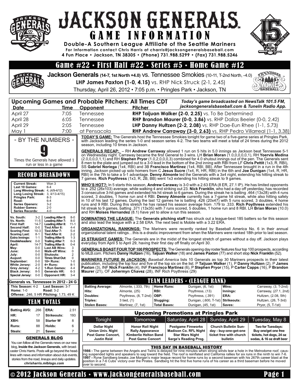 Game Notes 4-26 Vs Tennessee