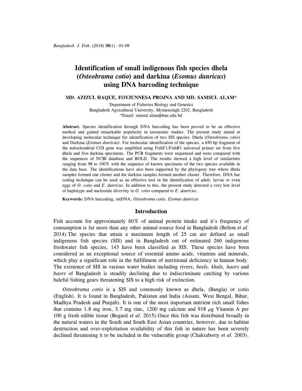 (Osteobrama Cotio) and Darkina (Esomus Danricus) Using DNA Barcoding Technique