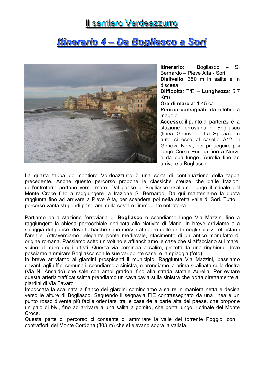 Itinerario 4 – Da Bogliasco a Sori