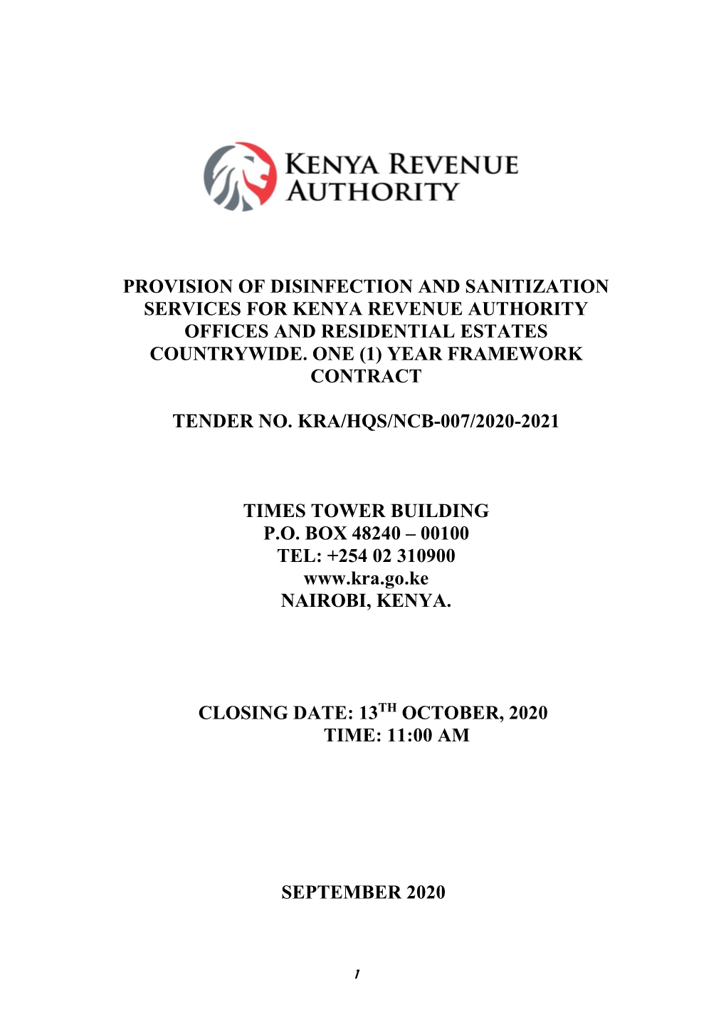 Provision of Disinfection and Sanitization Services for Kenya Revenue Authority Offices and Residential Estates Countrywide