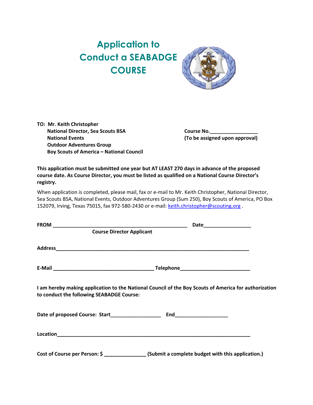 Application to Conduct a SEABADGE COURSE
