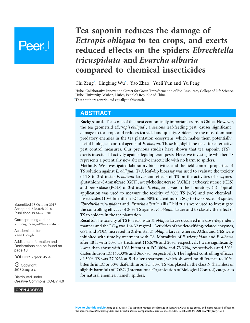 Tea Saponin Reduces the Damage of Ectropis Obliqua to Tea Crops, And