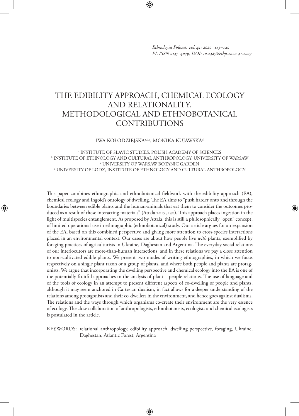 The Edibility Approach, Chemical Ecology and Relationality. Methodological and Ethnobotanical Contributions