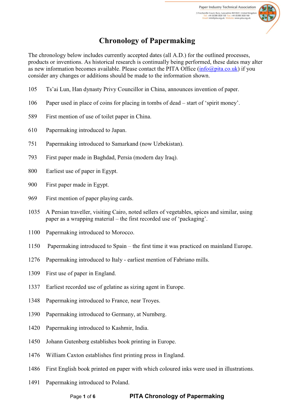 Chronology of Papermaking