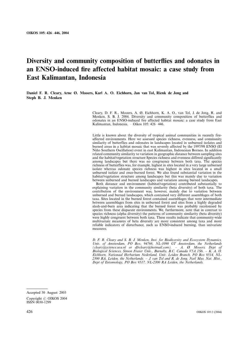 Diversity and Community Composition of Butterflies and Odonates in an ENSO-Induced Fire Affected Habitat Mosaic: a Case Study from East Kalimantan, Indonesia