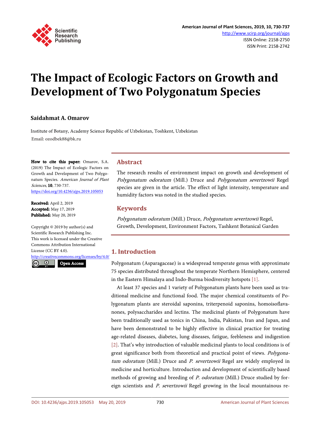 The Impact of Ecologic Factors on Growth and Development of Two Polygonatum Species