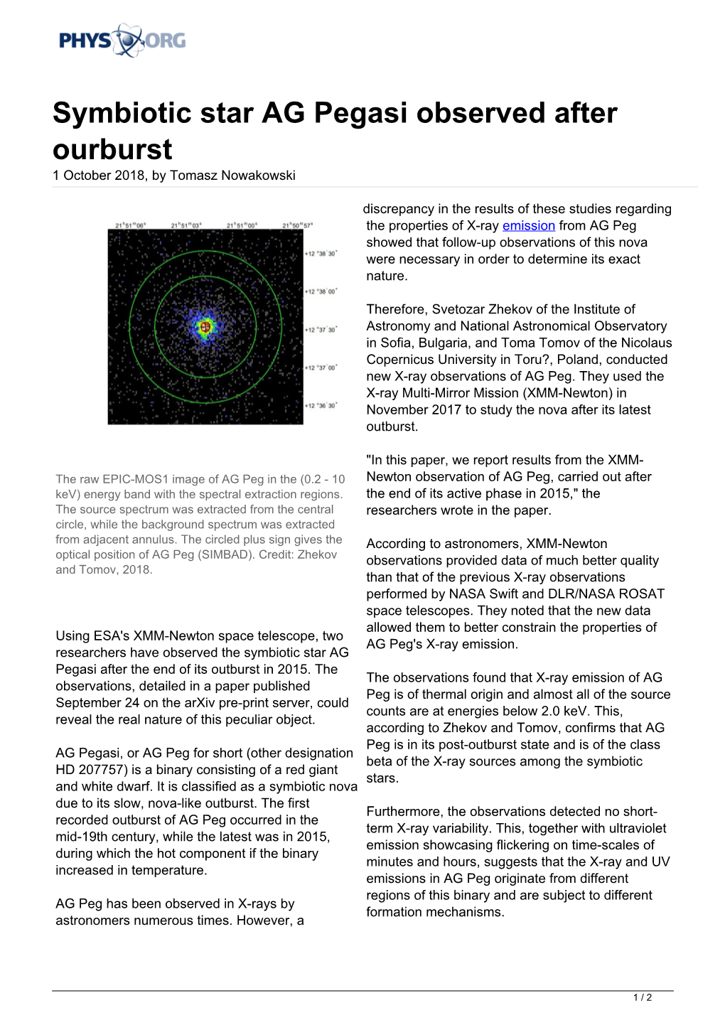 Symbiotic Star AG Pegasi Observed After Ourburst 1 October 2018, by Tomasz Nowakowski